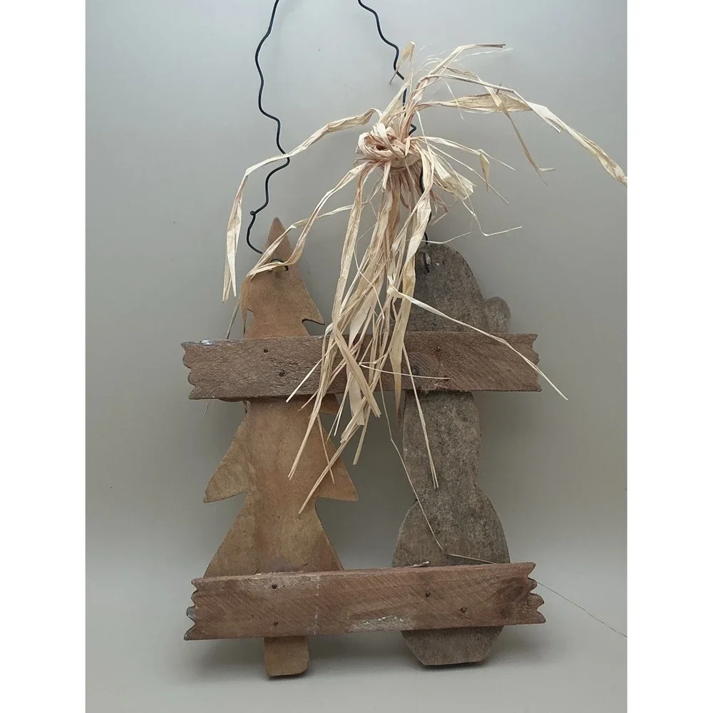 Primitive Country Wooden Winter Snowman & Tree Door Hanger Handmade/Hand Painted